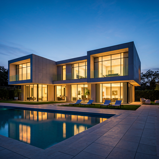 Modern architectural estate with clean lines and expansive glass windows at dusk with warm interior lighting reflecting on pool