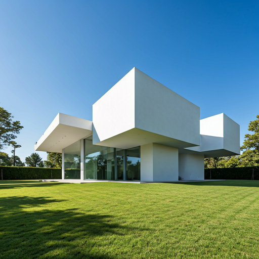 Minimalist white concrete mansion featuring dramatic cantilevers and floor-to-ceiling glass overlooking a manicured lawn