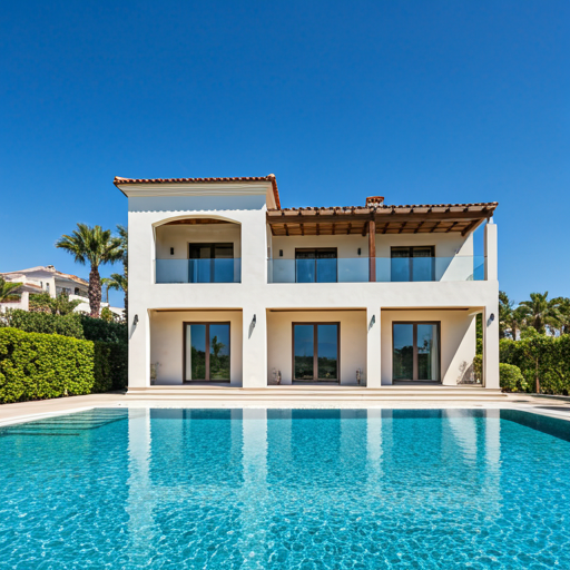Luxury coastal estate with Mediterranean influence and modern clean lines under a bright clear sky