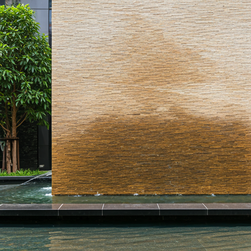 Close up of architectural water feature in a modern courtyard with stone textures