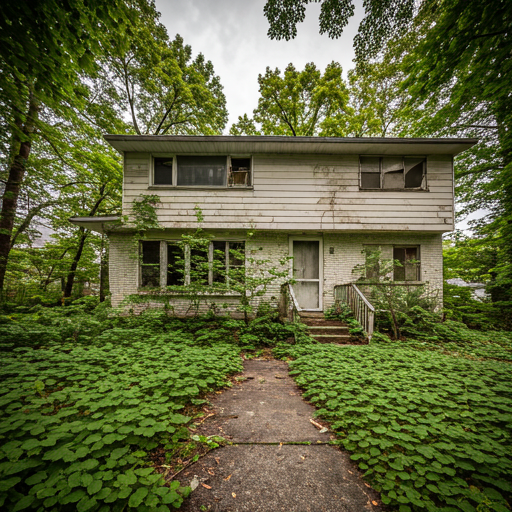 Dilapidated 1970s split-level suburban house with overgrown landscape