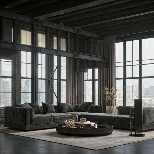 High-end modern loft interior with steel beams, floor to ceiling windows, and luxury furniture