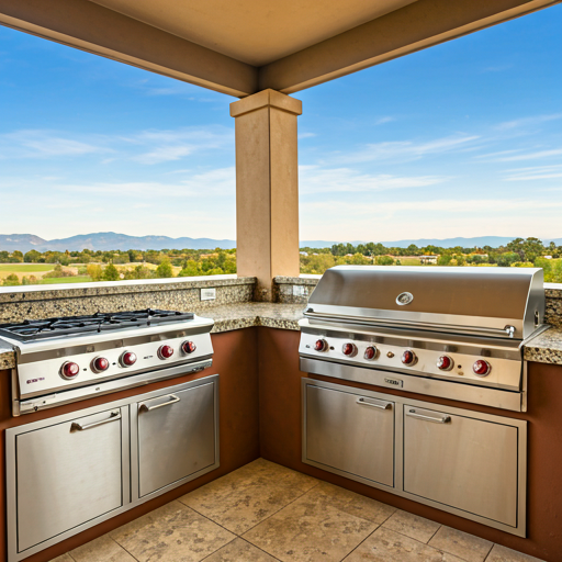 Luxury outdoor kitchen with professional grade appliances and sleek granite countertops overlooking a designer patio