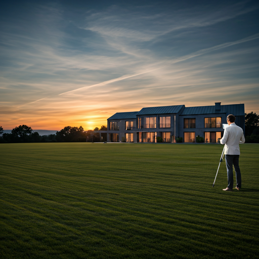 Wide shot of a luxury residential lot with an architect surveying the landscape at sunset, cinematic lighting