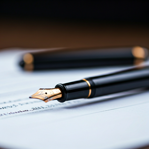 Macro photo of a fountain pen resting on a signed luxury contract, professional and formal atmosphere