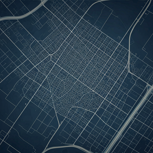Abstract minimalist map overlay with clean architectural lines showing urban grid and service zones in muted navy and gray tones